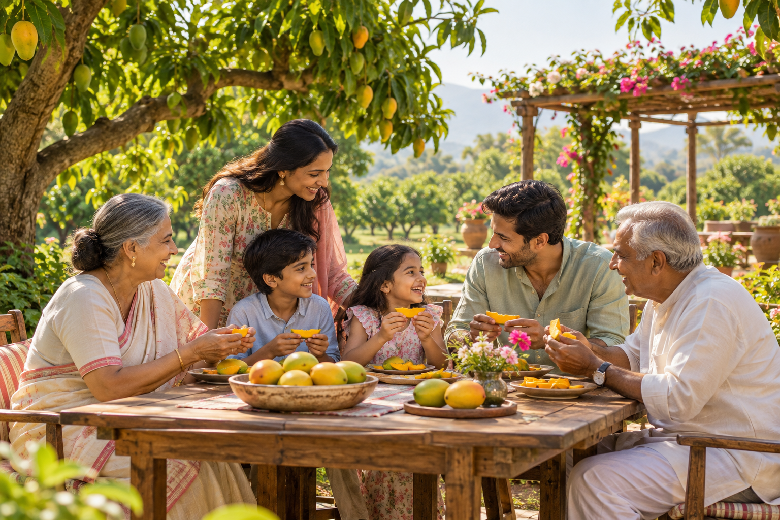 Illustrative multigenerational family enjoying time together in a mango orchard